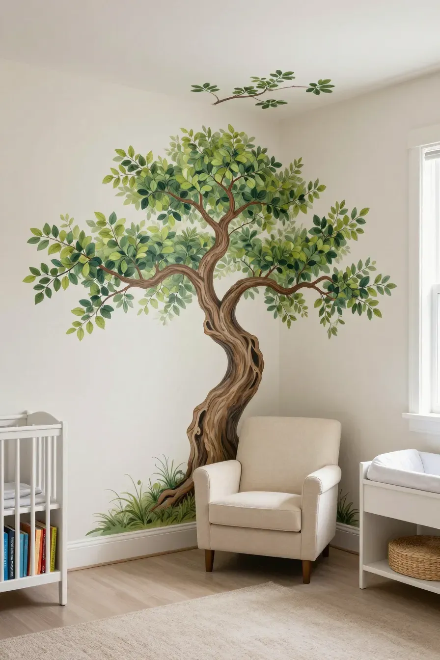 A nursery corner with a detailed bonsai tree mural, a reading chair, and a white changing table.