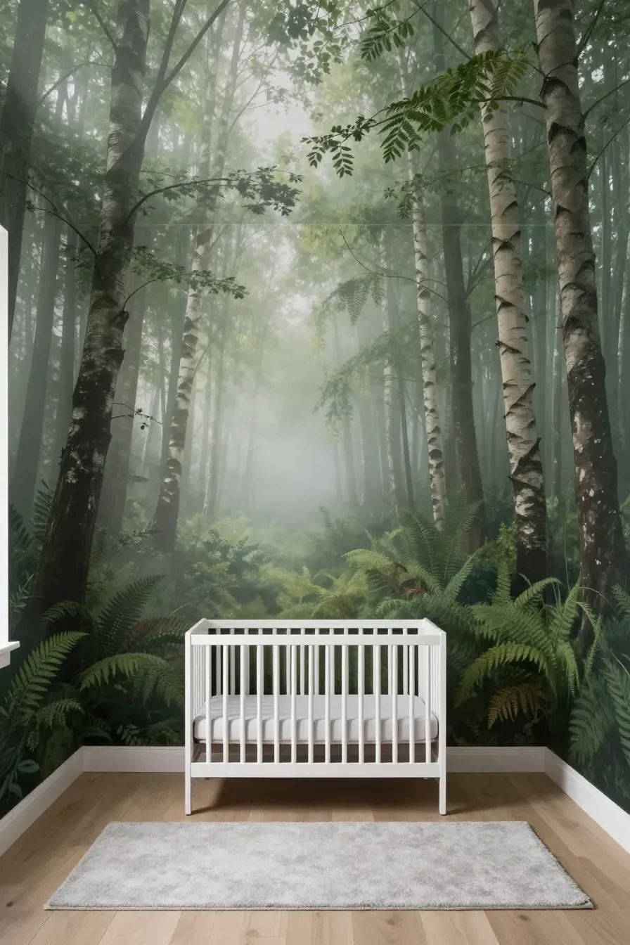 An immersive nursery with a 360-degree misty forest mural and minimal white furniture.