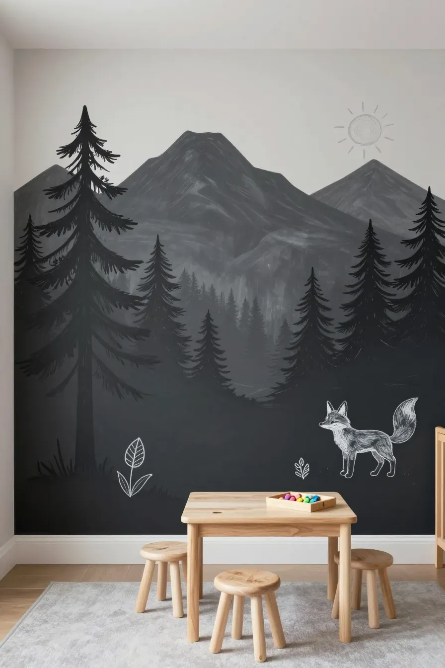 A nursery wall with a dark forest silhouette painted in chalkboard paint with chalk drawings.