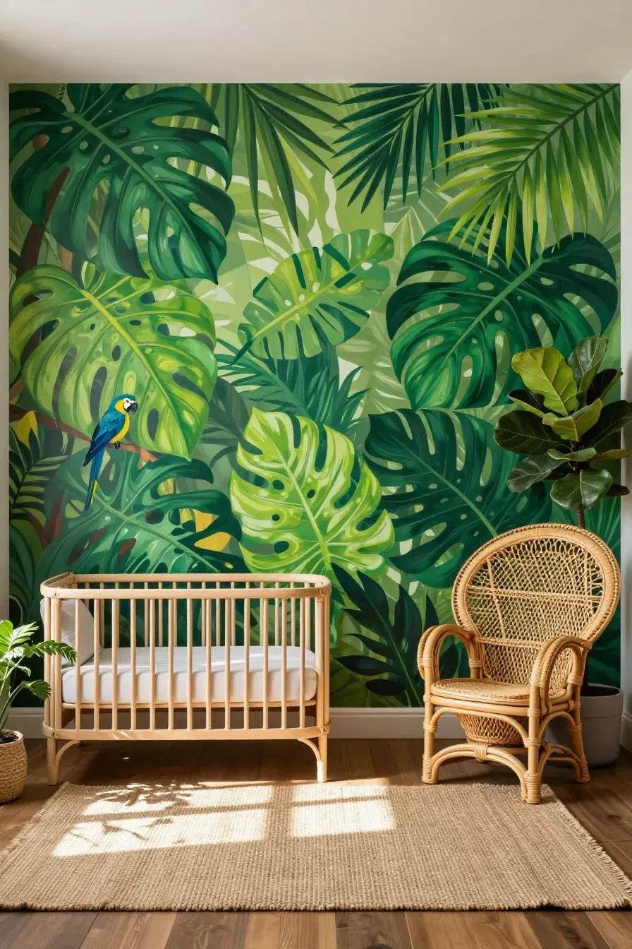 A vibrant nursery with a tropical palm leaf mural, a rattan crib, and a jute rug.