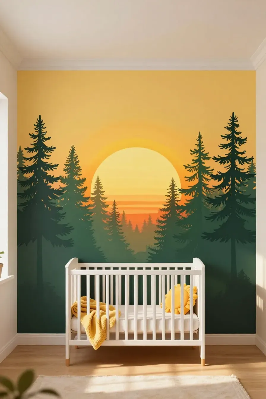 A bright nursery with a sunrise and forest silhouette mural and a white modern crib.