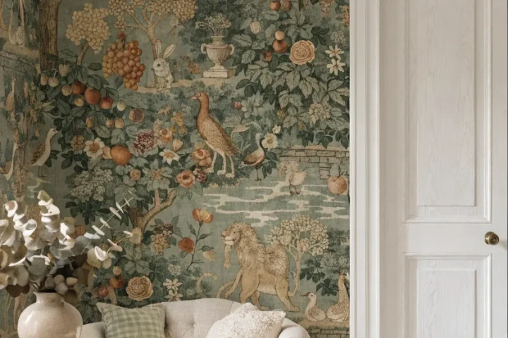 A full-wall tapestry-style nursery wallpaper featuring a sage green landscape with lions and peacocks next to a white door.