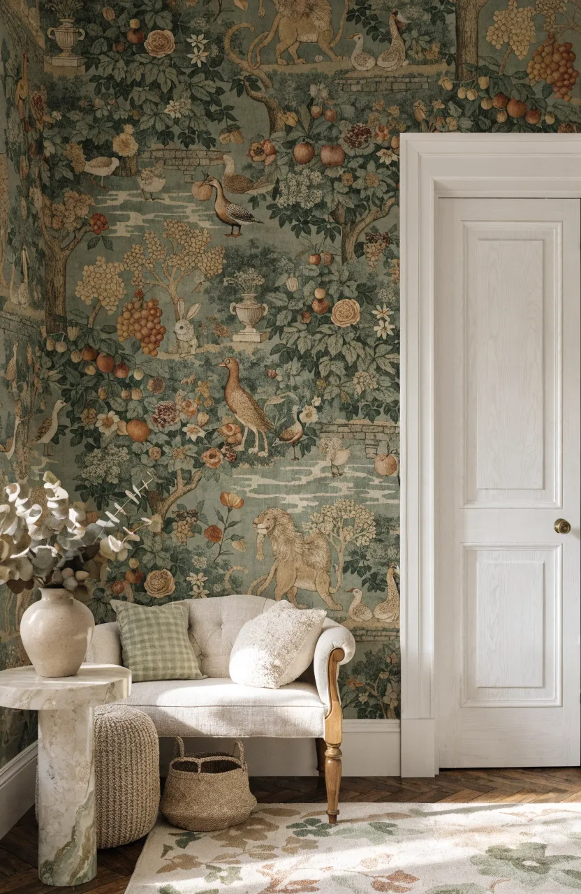 A full-wall tapestry-style nursery wallpaper featuring a sage green landscape with lions and peacocks next to a white door.
