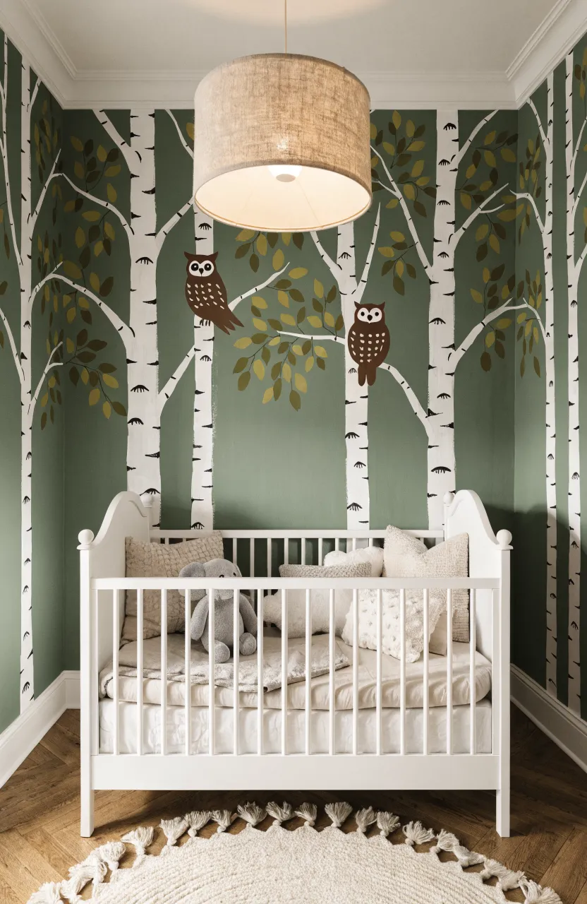 A sage green nursery wall with white birch tree murals and adorable brown owls perched on branches.