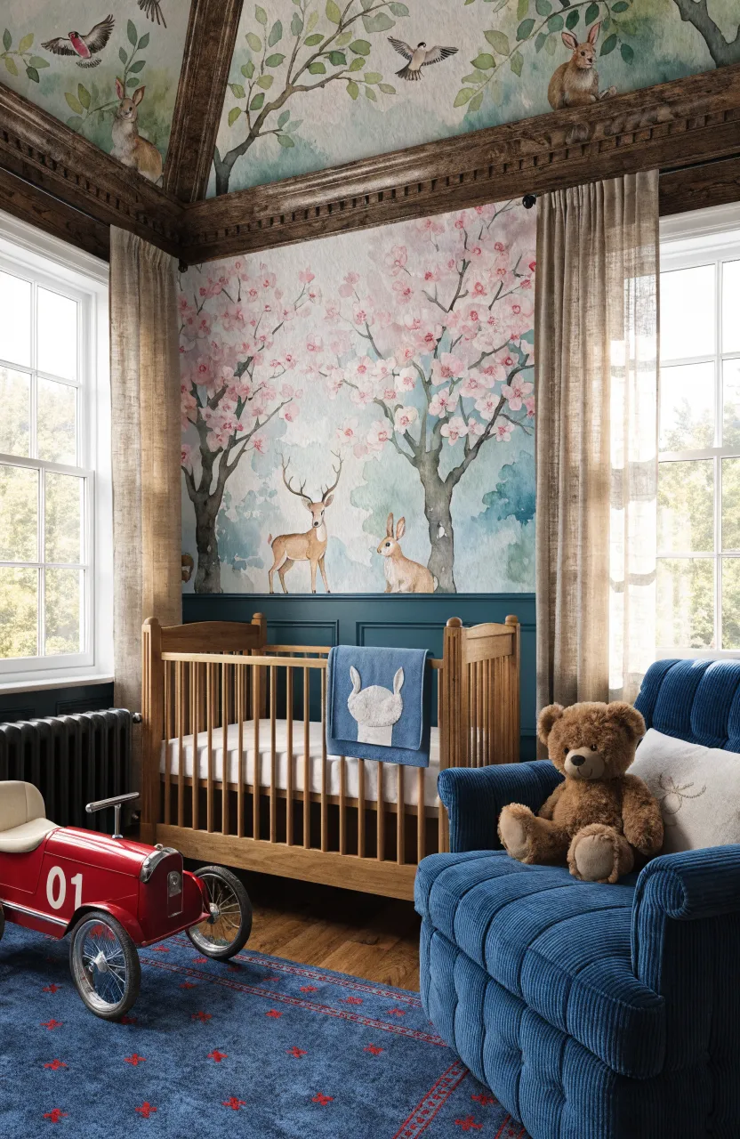 A traditional nursery featuring teal wainscoting and a watercolor mural of an orchard with deer and rabbits.