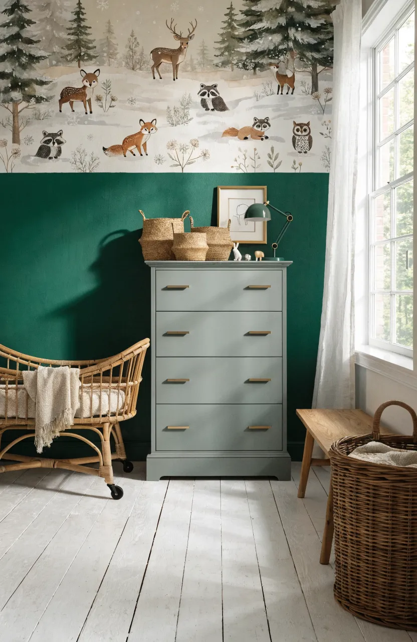 A two-toned nursery wall with deep forest green paint on the bottom and a snowy forest animal mural on the top.