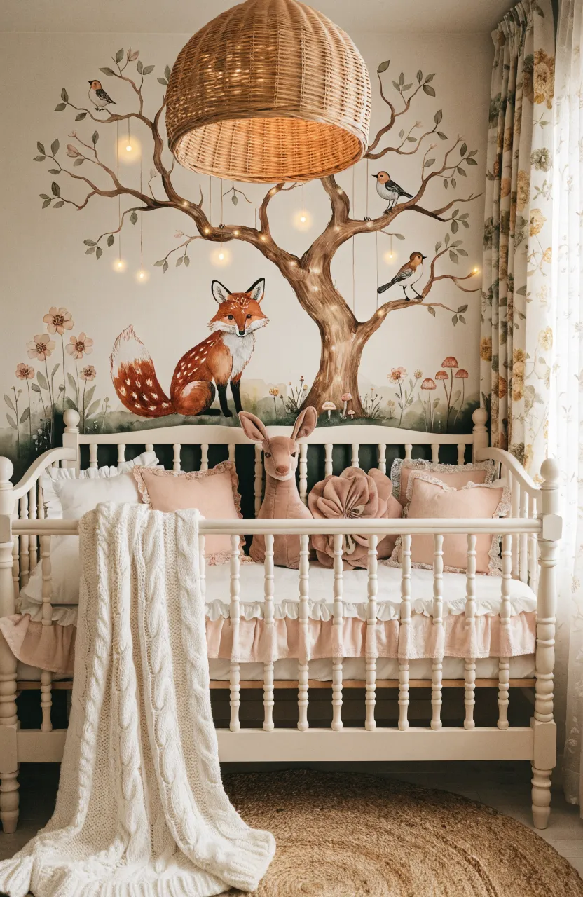 A whimsical cream-toned nursery wall featuring a watercolor red fox, flowers, and glowing fairy lights.