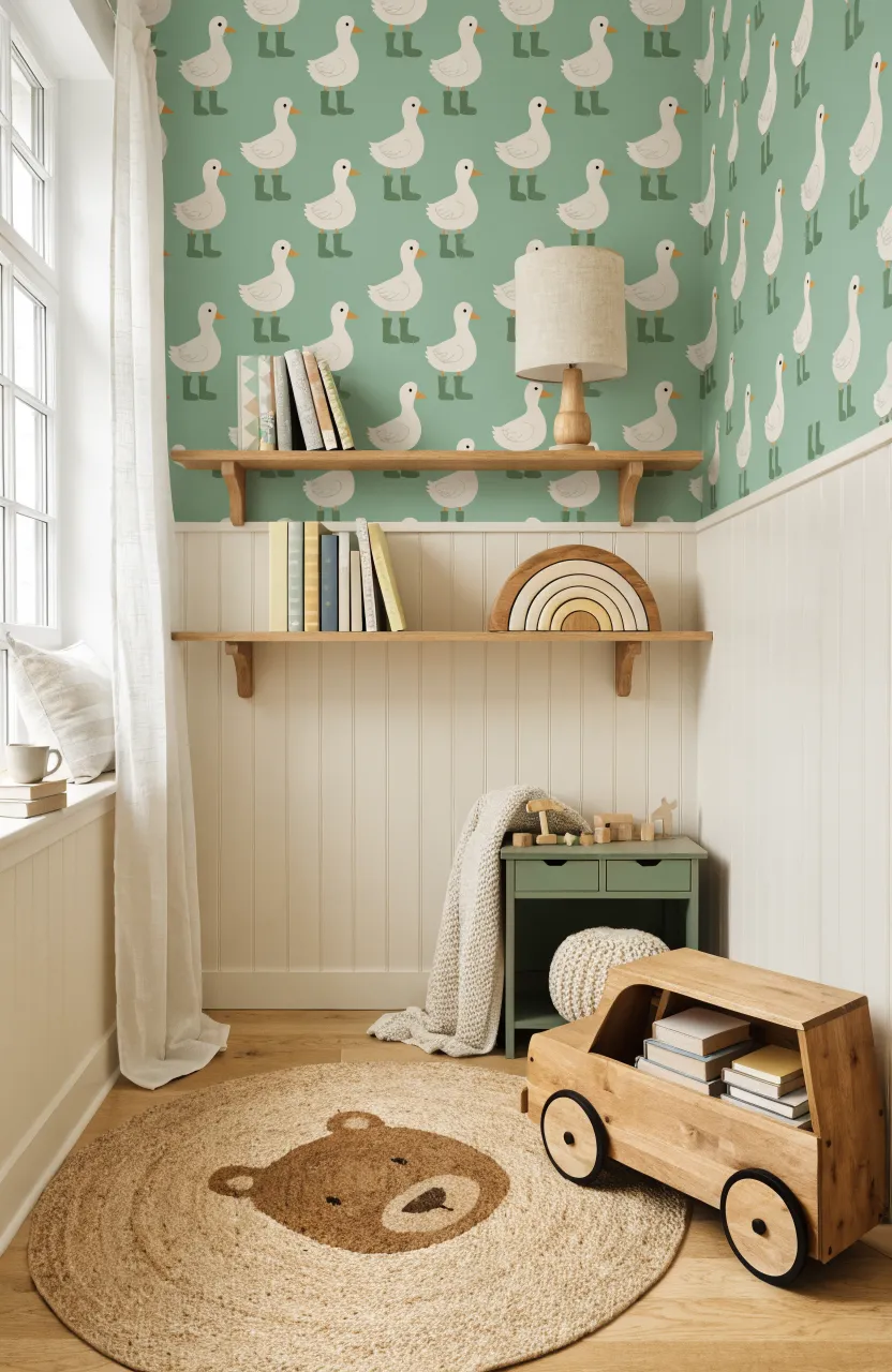 Mint green wallpaper with white ducks wearing rain boots above white vertical beadboard paneling.