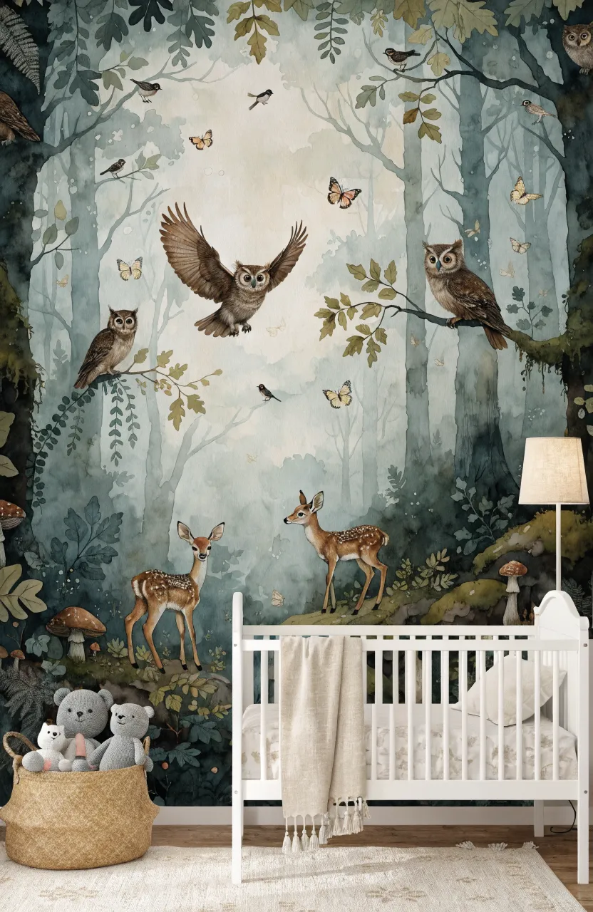A full-wall mural of a misty teal-green forest with silhouettes of trees and a family of spotted fawns.