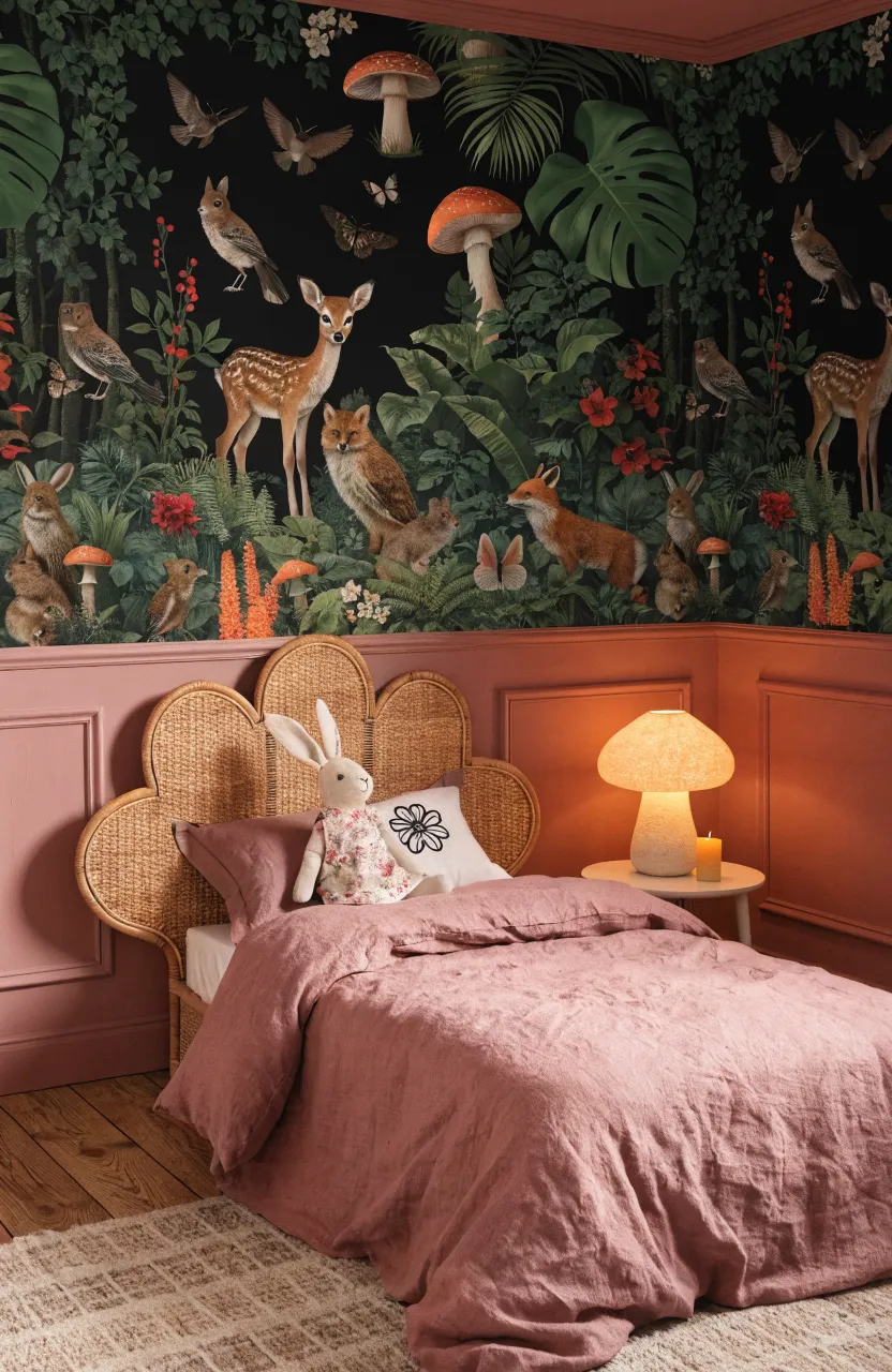 A dark woodland wallpaper with a black background featuring foxes and owls above dusty rose wood paneling.