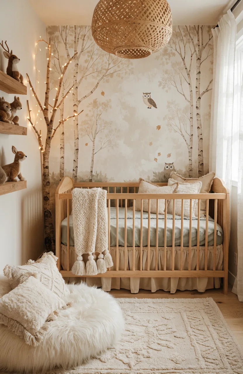 A warm nursery with birch tree wallpaper and a large rattan pendant lamp casting golden light.