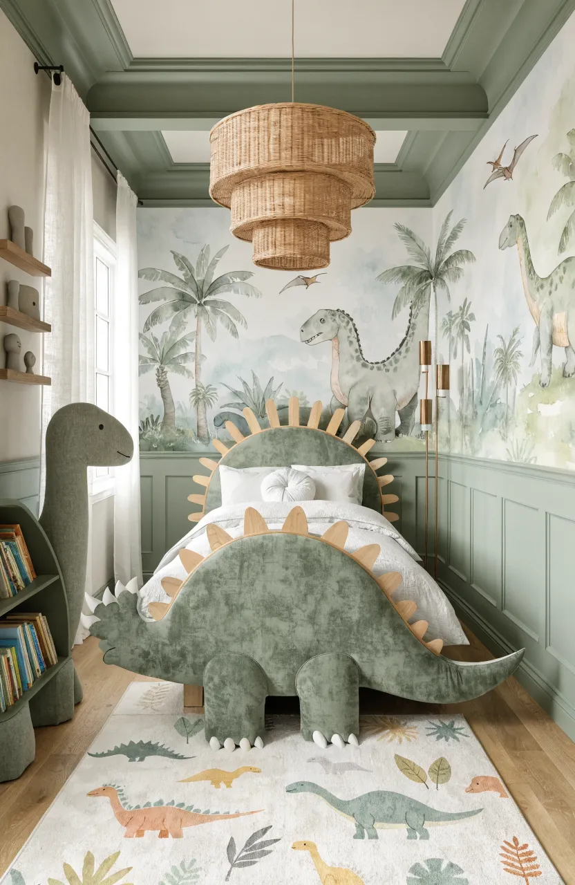 A nursery with a dinosaur-themed jungle mural and a custom triceratops-shaped bed.