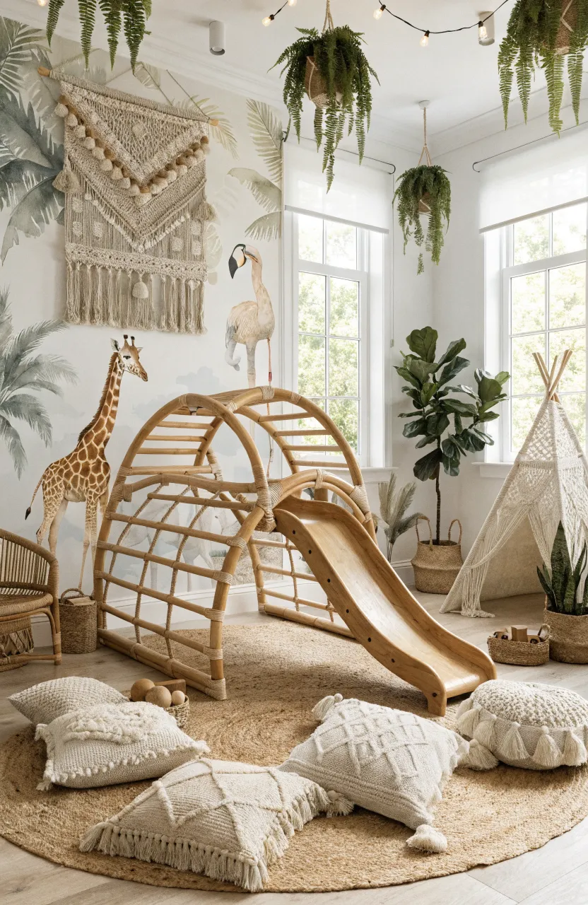 A playroom featuring a safari mural with a giraffe and elephant behind a rattan climbing gym.