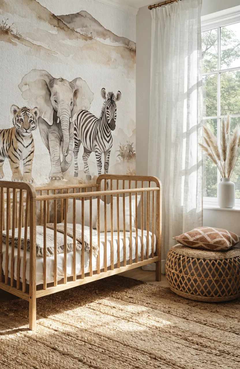 A bright nursery featuring a sepia-toned mural of a baby tiger, elephant, and zebra.