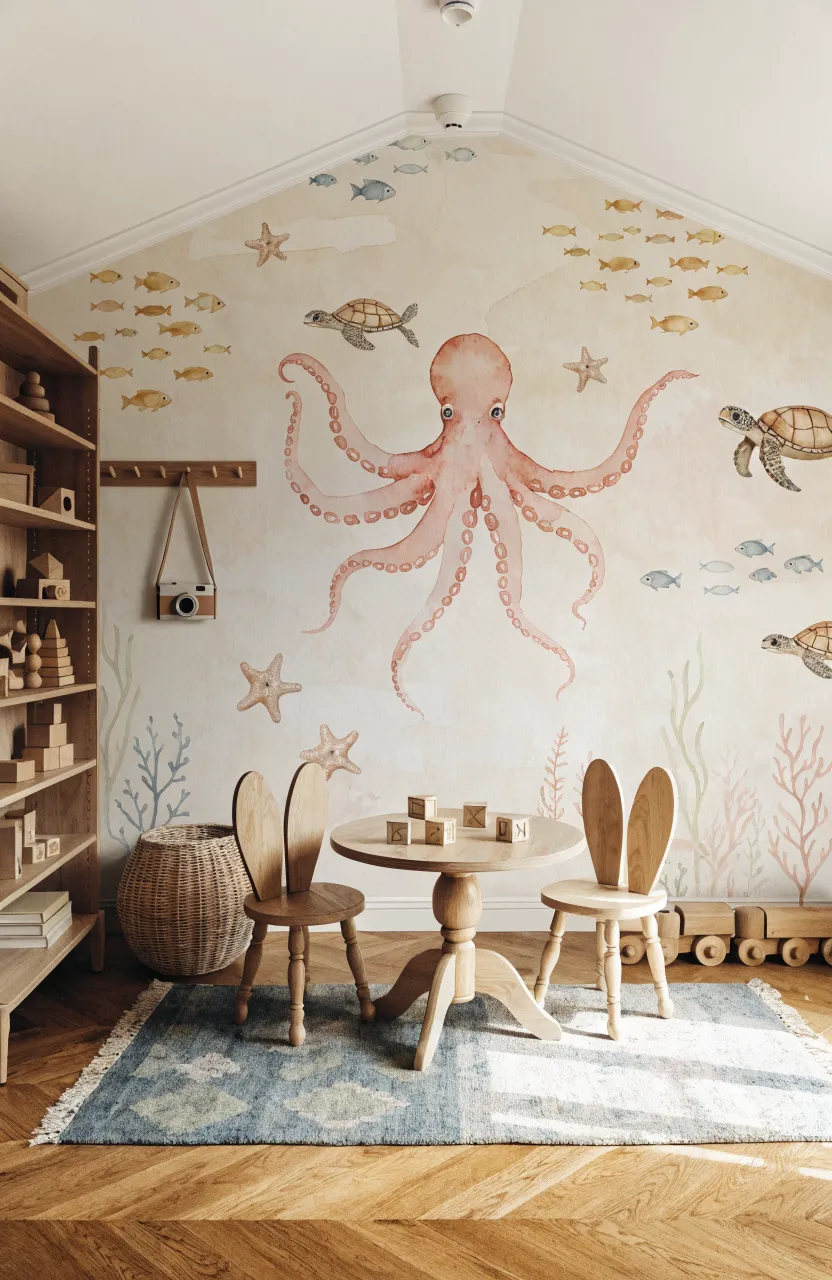 A nursery wall featuring watercolor sea creatures like an octopus and turtles on a cream background.