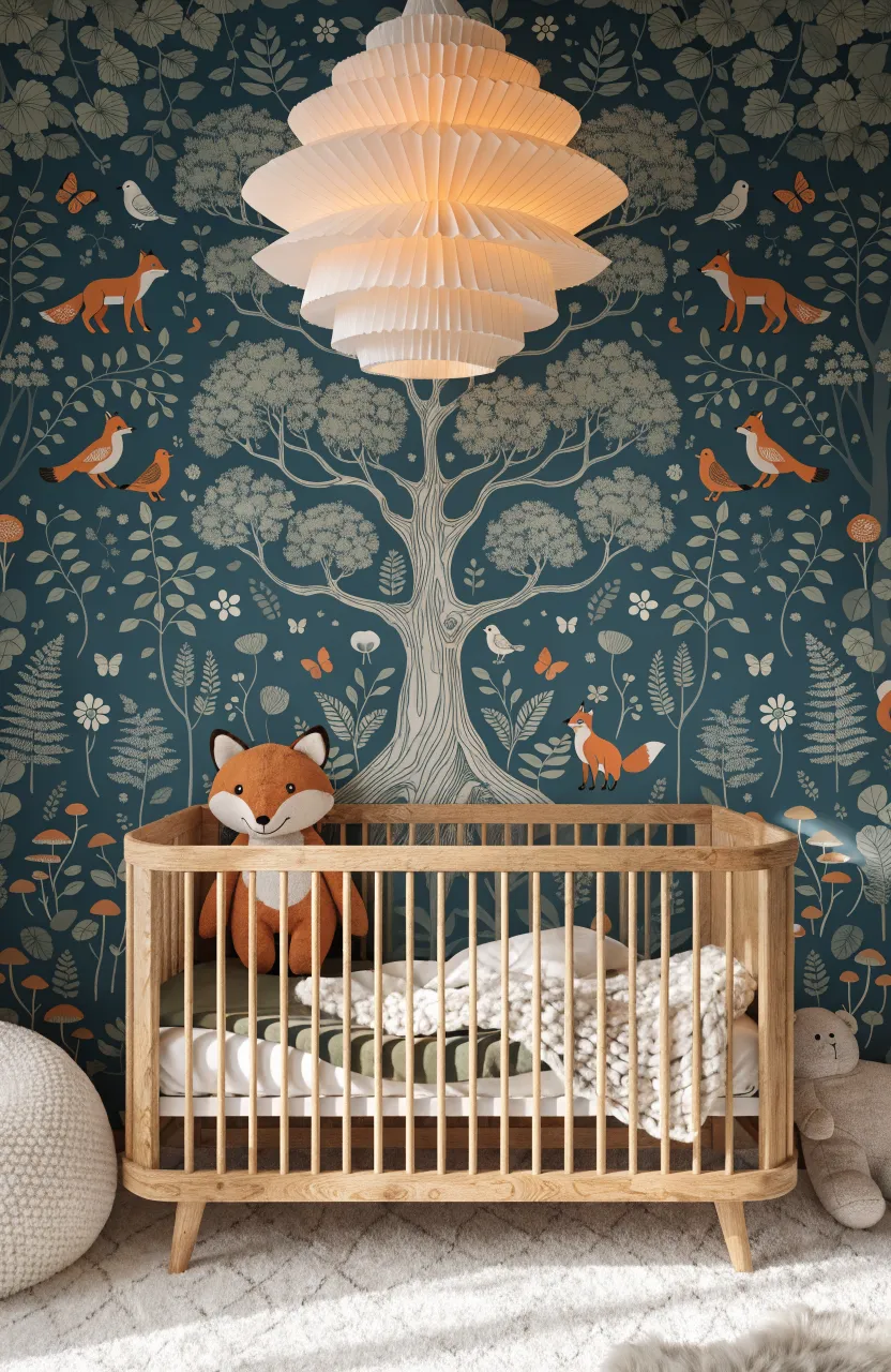 A modern nursery with a full-scale forest mural in deep teal featuring orange foxes and stylized trees.