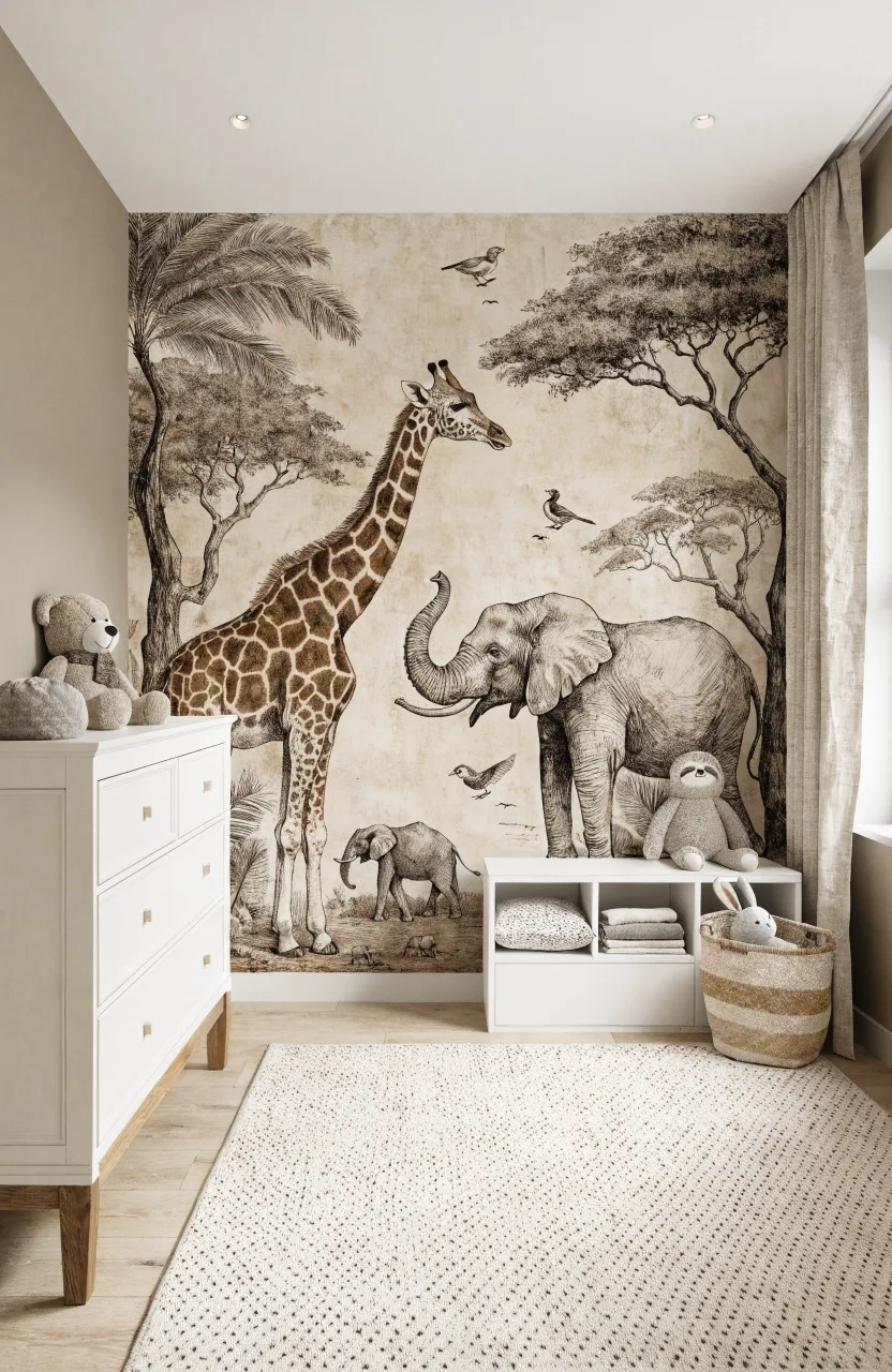 A high-end nursery with a monochromatic sepia mural featuring a giraffe and an African elephant.