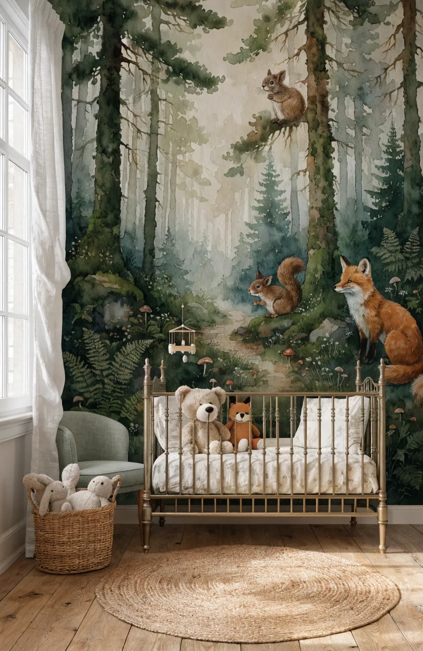A nursery featuring a watercolor pine forest mural and an antique brass metal crib.