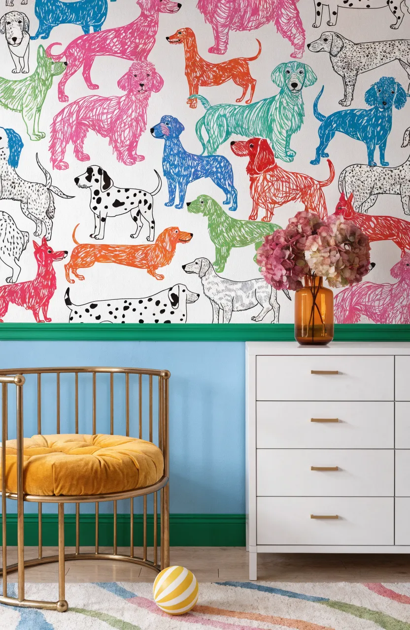 A colorful wallpaper pattern with various dog breeds above a sky-blue wall divided by green molding.