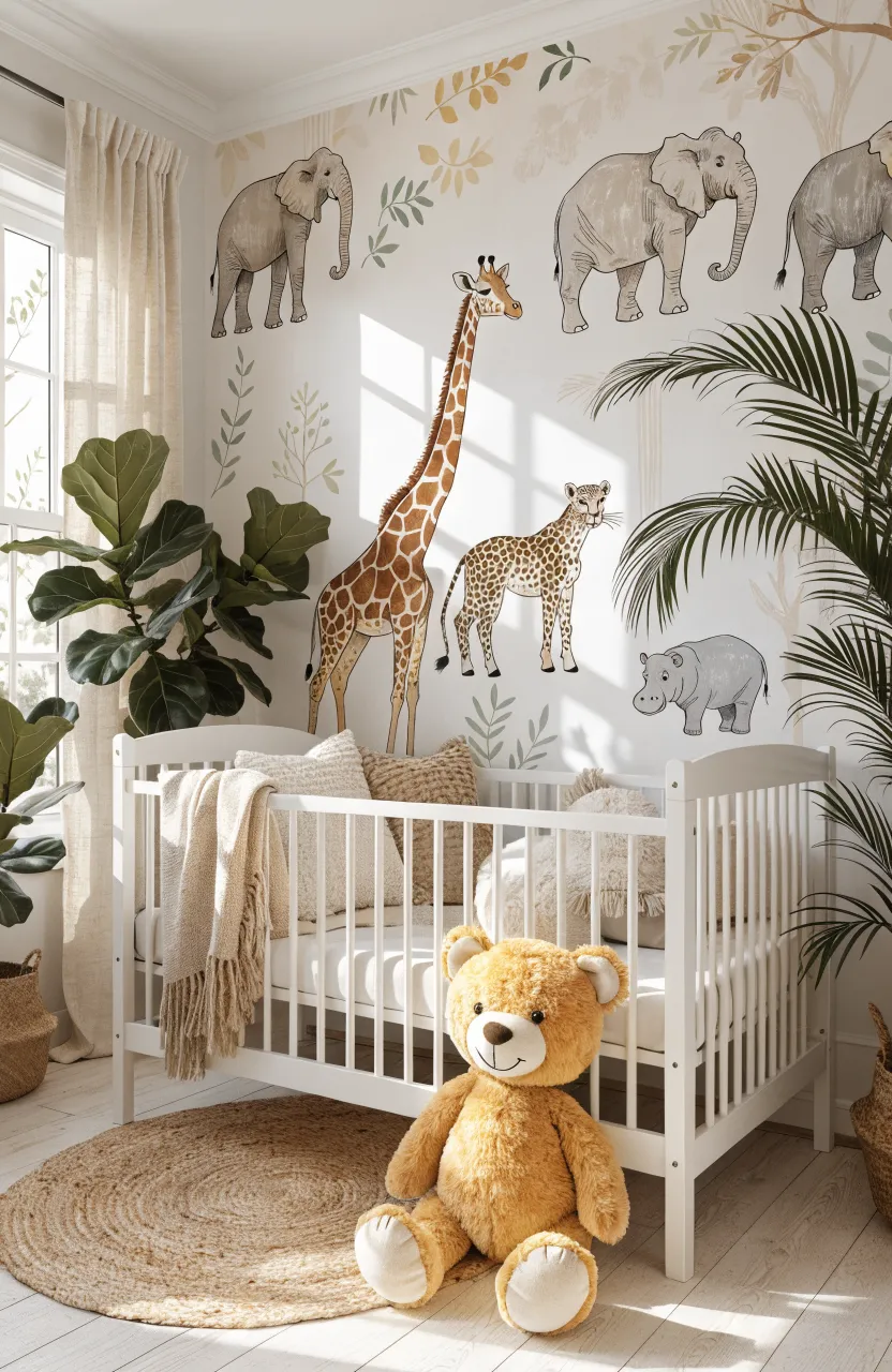 A bright safari nursery with hand-drawn animal illustrations and a large plush polar bear on the floor.