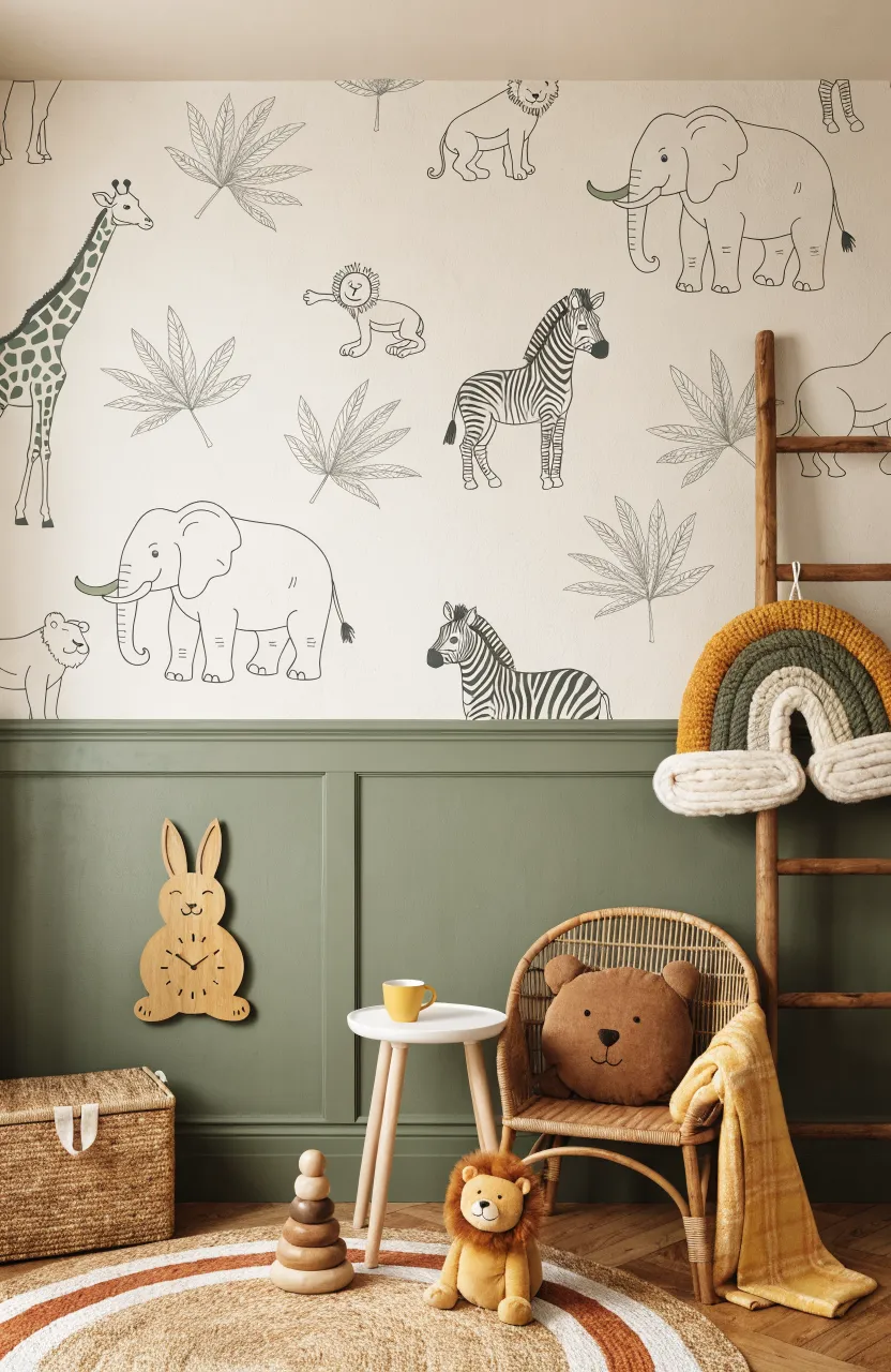 A nursery wall featuring safari line art wallpaper above elegant olive green rectangular molding.