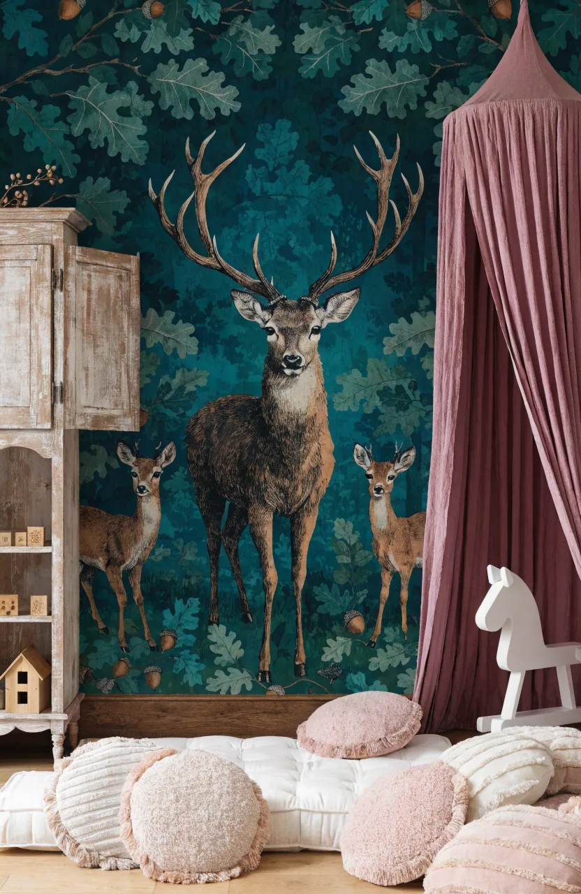 A whimsical reading nook with dark teal wallpaper featuring large deer and a mauve fabric canopy.