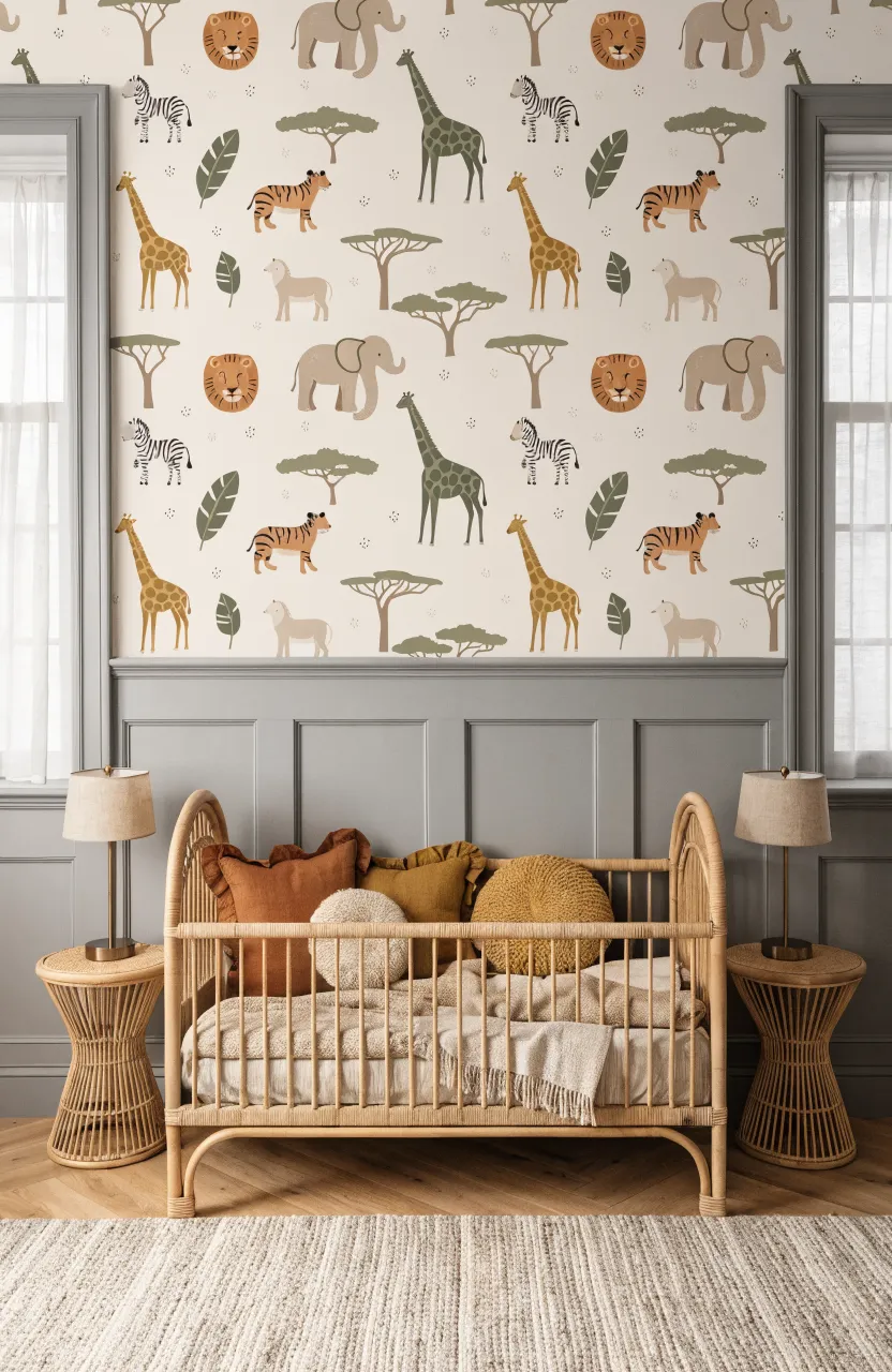 A sophisticated nursery with alternating safari animal wallpaper and sage-gray wooden wainscoting panels.