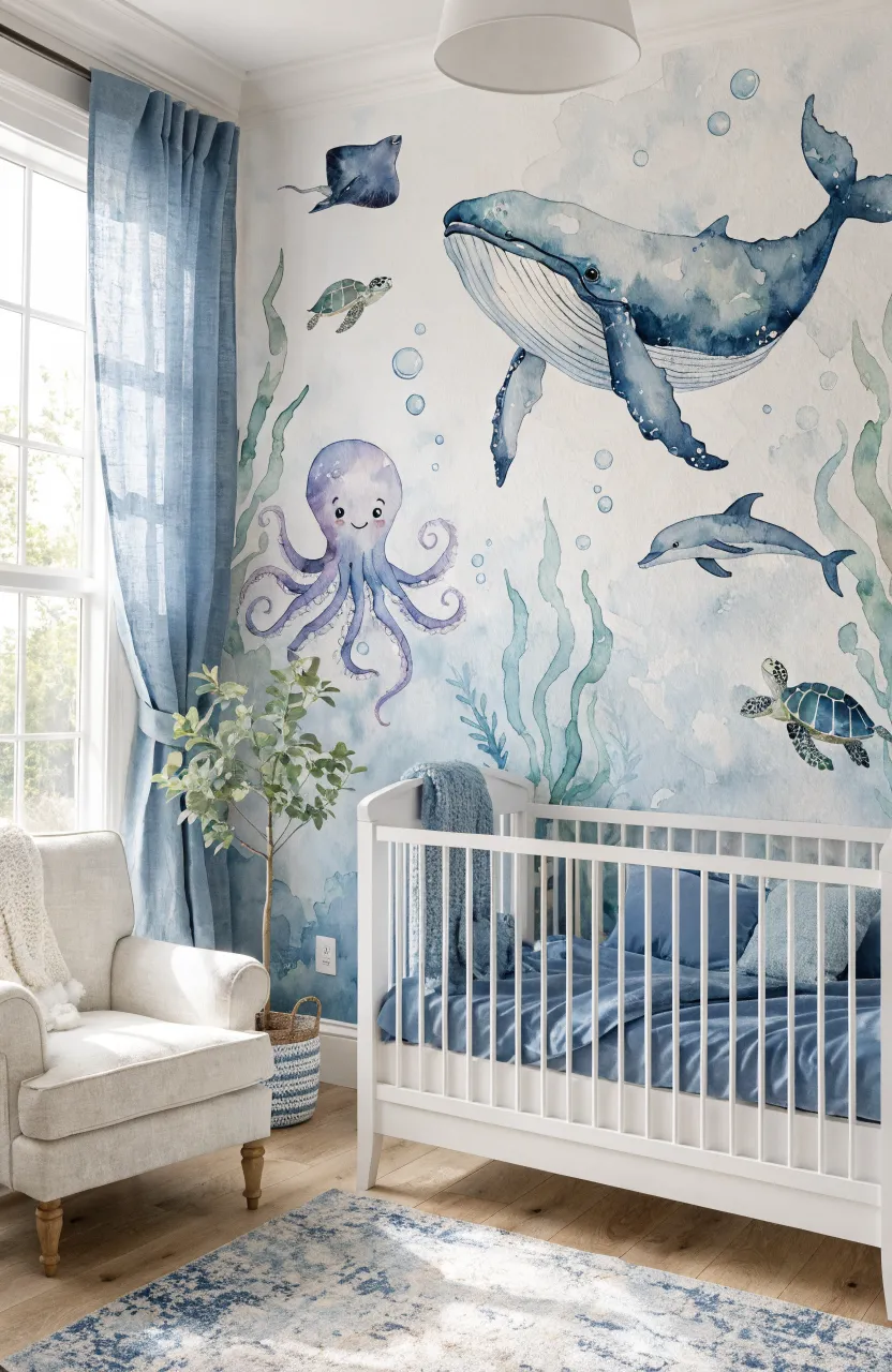 A bright nursery corner with a watercolor mural of a blue whale, octopus, and sea turtles.