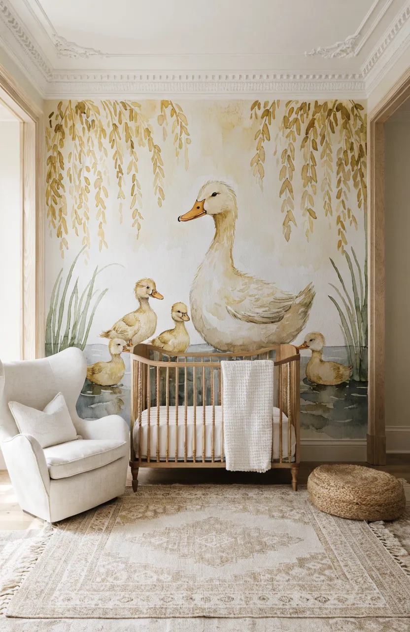A serene nursery mural featuring yellow ducklings in a pond with golden weeping willow branches overhead.