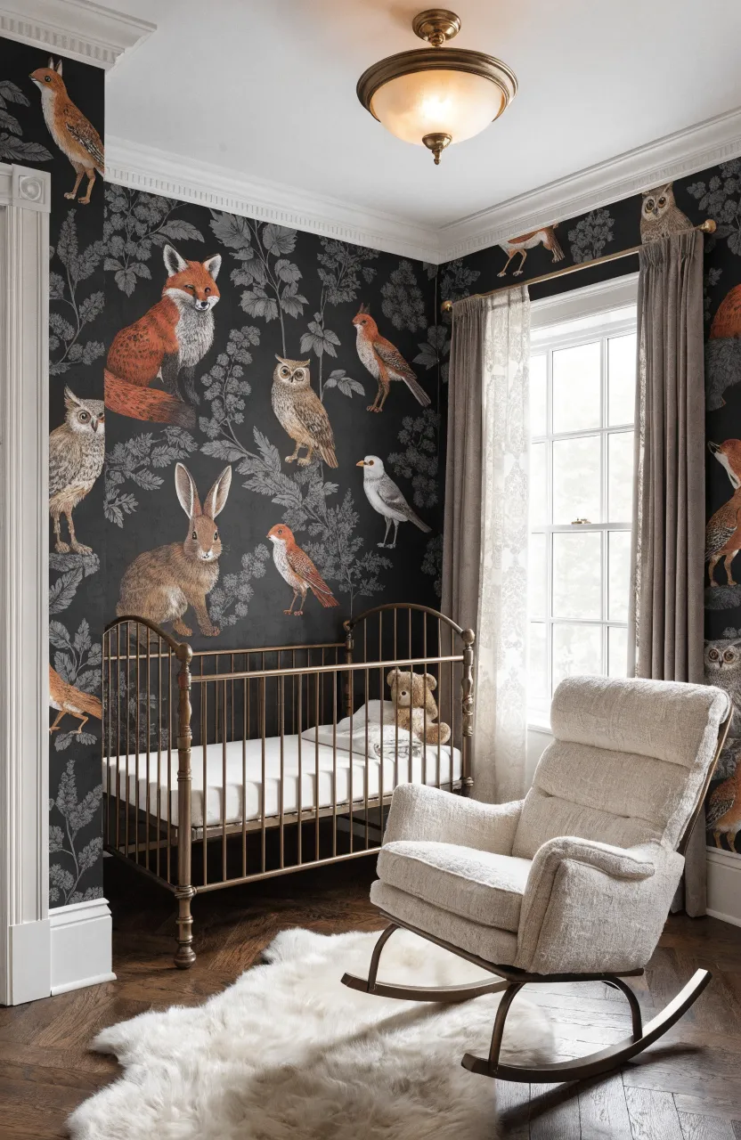A high-end nursery with matte black wallpaper featuring silver-grey botanical silhouettes and woodland animals.