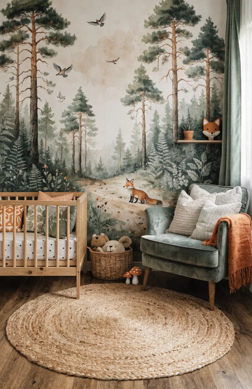 A woodland-themed nursery with a watercolor mural of pine trees, ferns, and red foxes on a dirt path.
