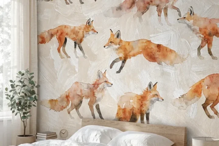 A bedroom with hand-painted watercolor fox wallpaper in soft orange and red tones.