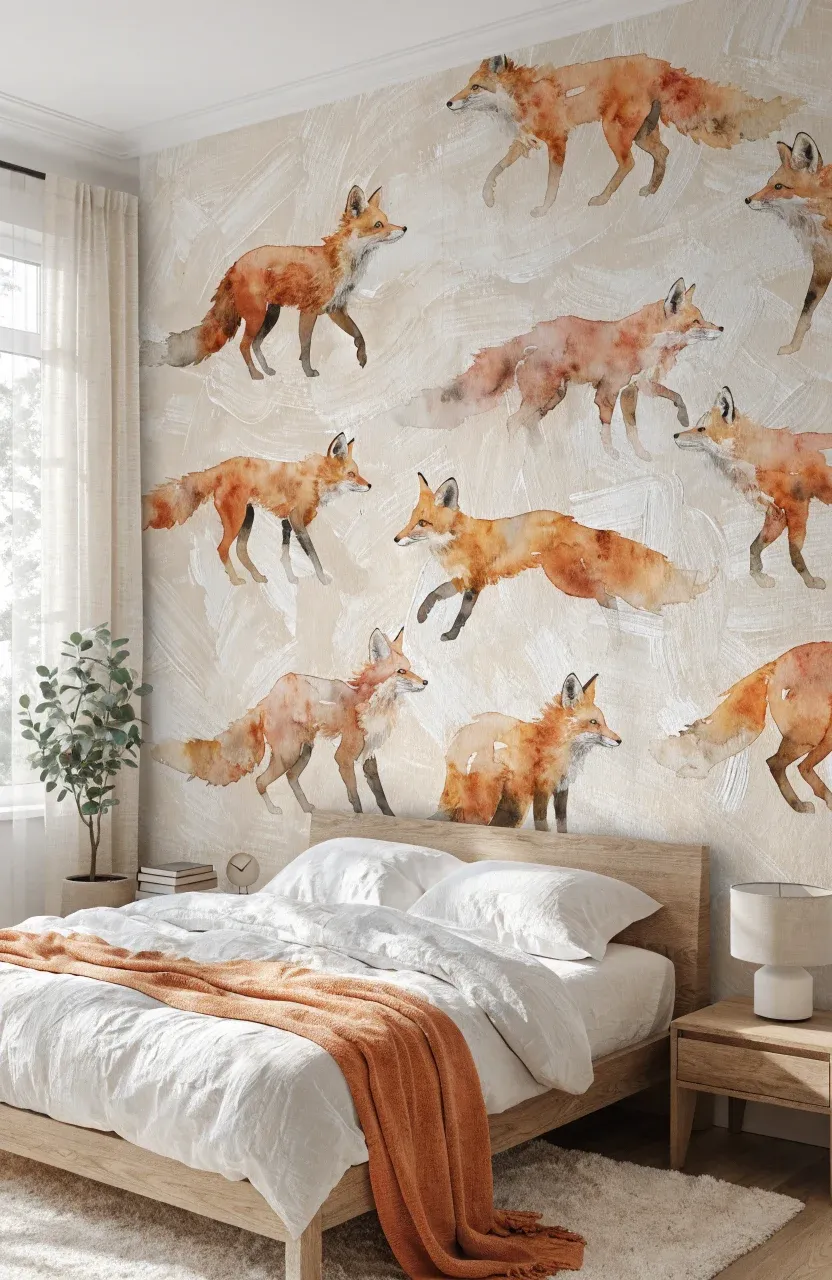A bedroom with hand-painted watercolor fox wallpaper in soft orange and red tones.