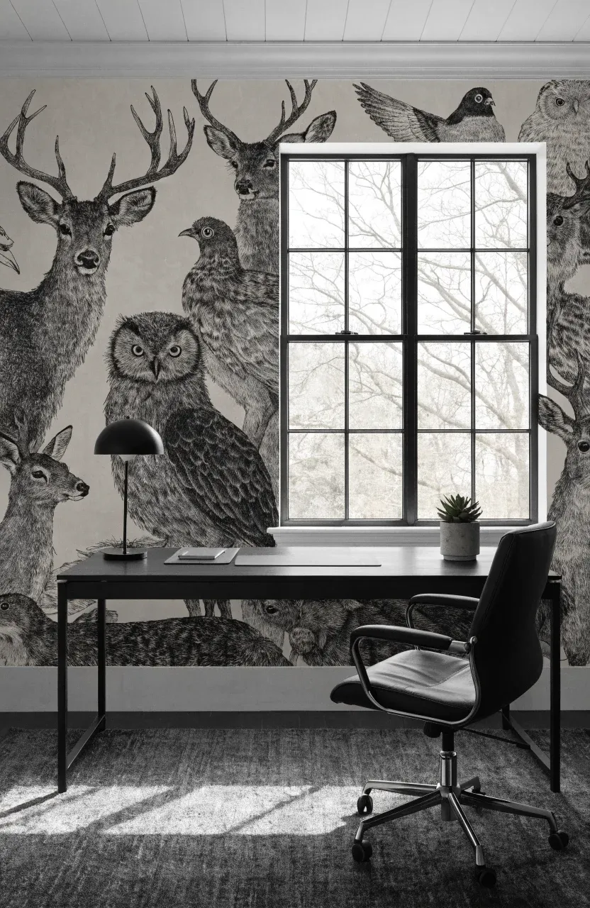 A modern home office with black and white sketched woodland animal wallpaper.