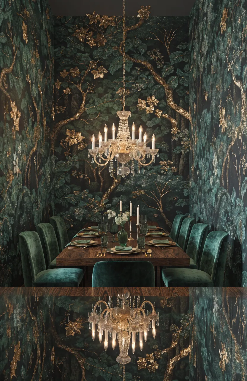 A formal dining room with moody green forest wallpaper and gold animal accents.
