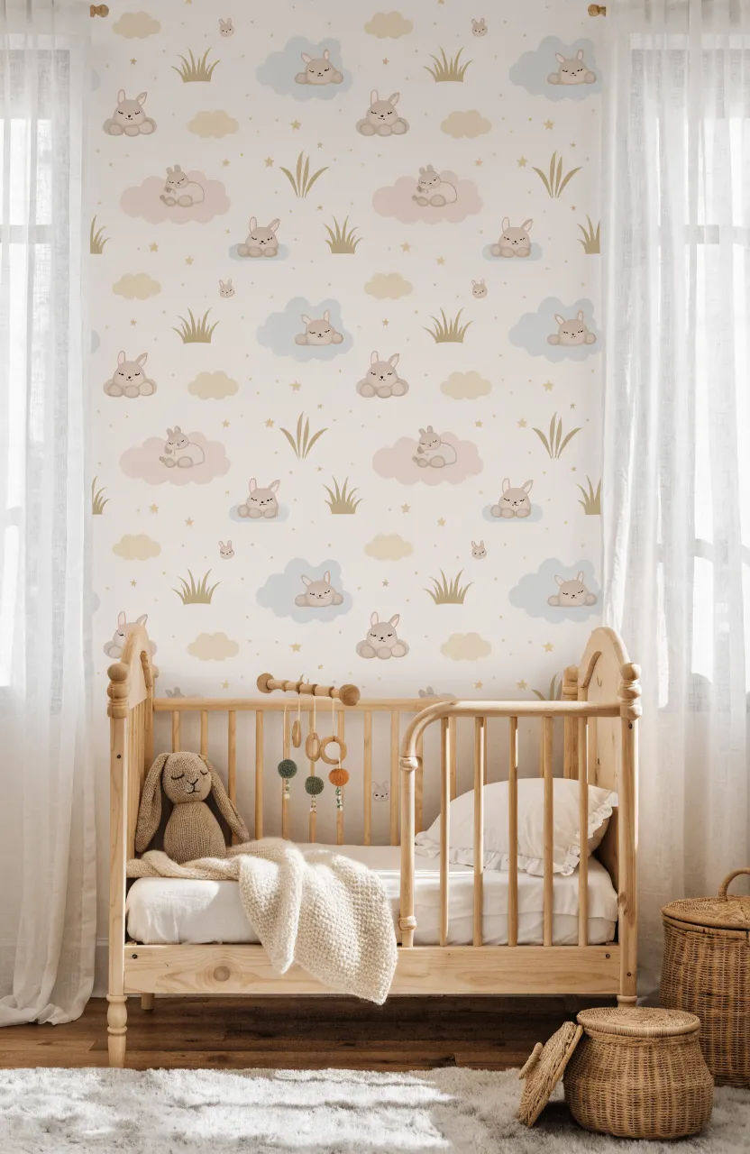 A peaceful nursery with soft pastel wallpaper featuring small sleepy bunnies.