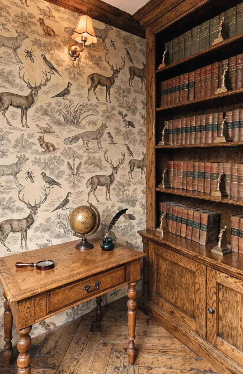 A classic library with vintage etching animal wallpaper and dark oak bookshelves.