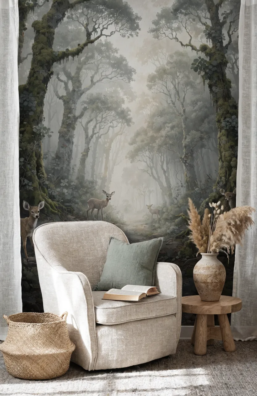 A serene room with muted sage and gray forest wallpaper featuring hidden fawns.