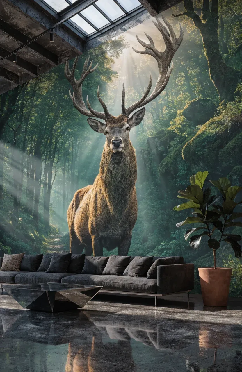 A modern living room with a large-scale mural of a majestic stag in a forest.