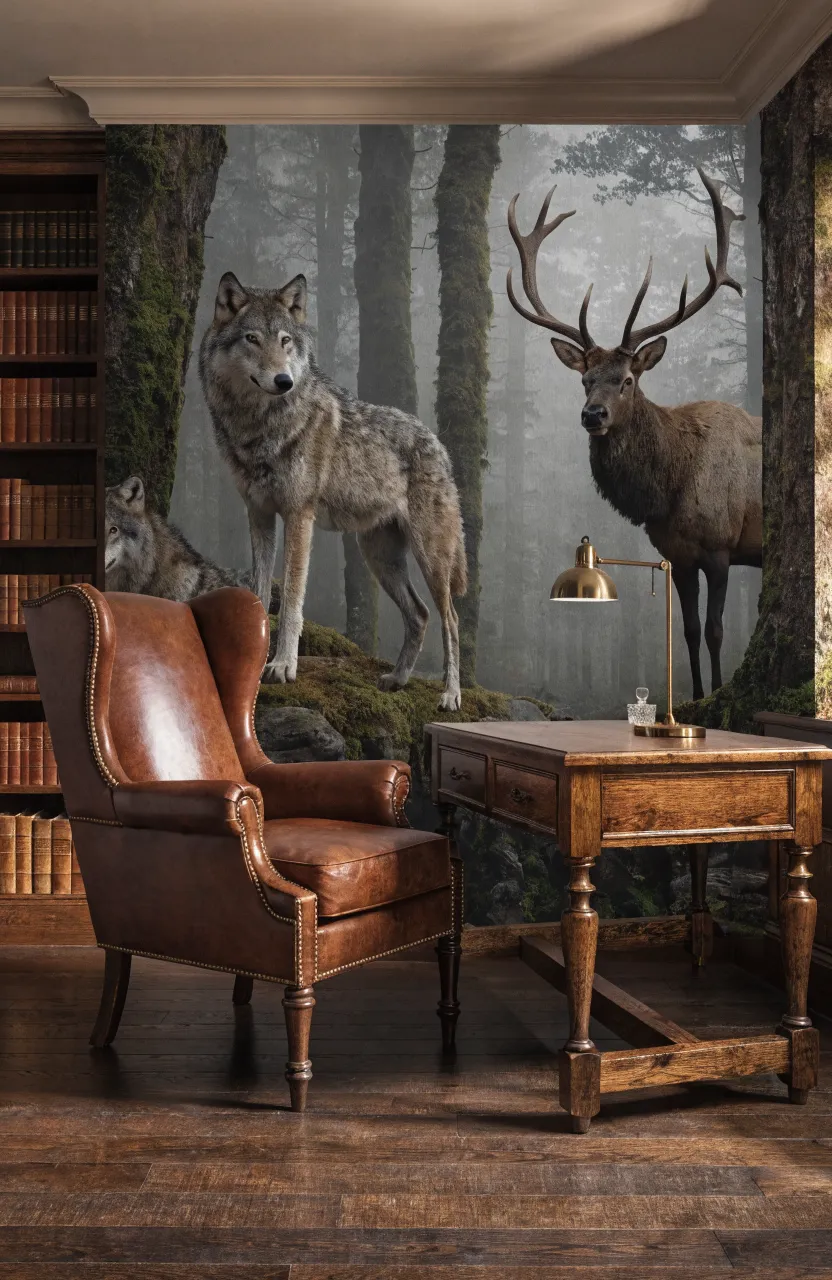 A mature study with realistic wolf and elk wallpaper, a leather chair, and a dark wood desk.