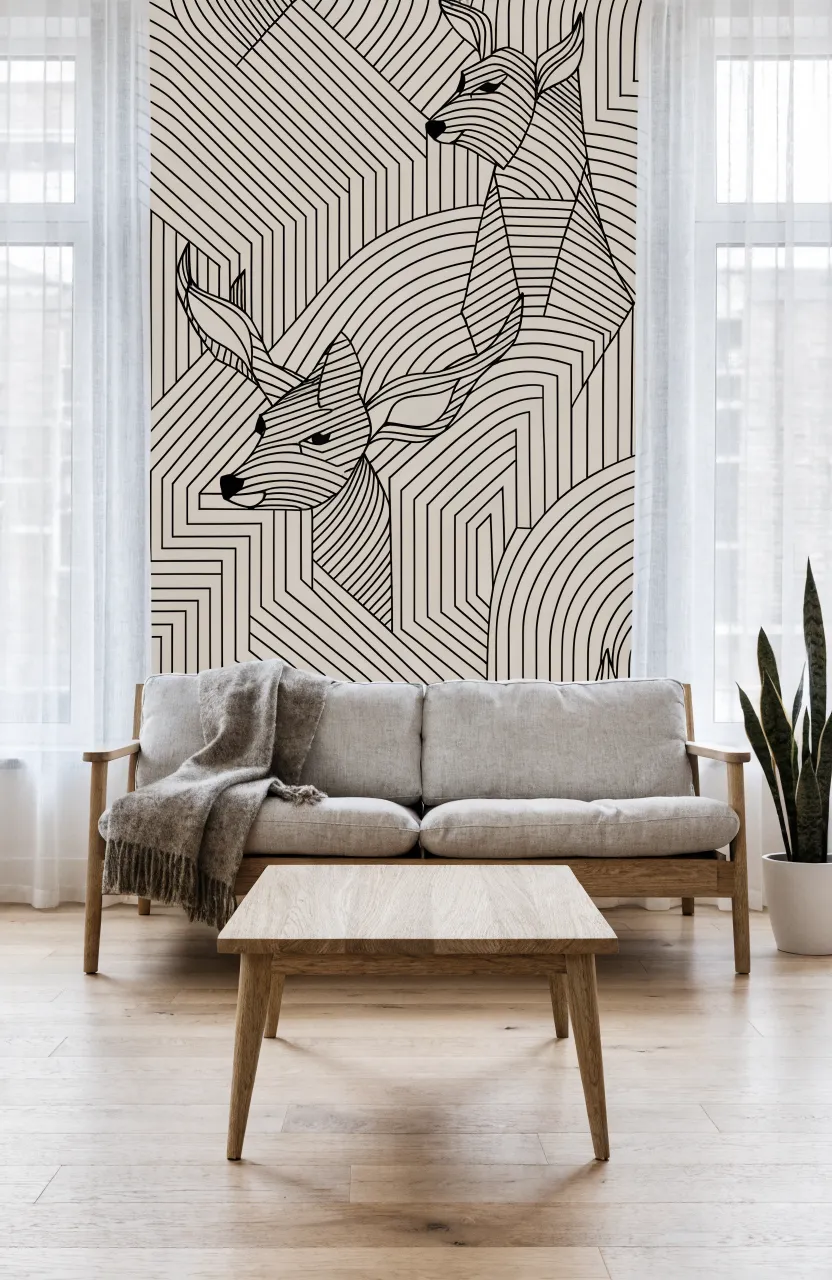 A modern Scandinavian room with minimalist line-drawing wallpaper of deer and lynx.