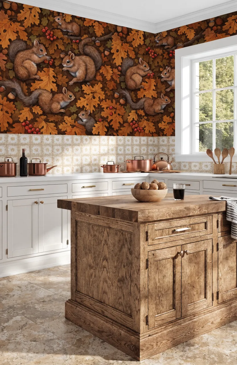 A kitchen with orange and brown squirrel wallpaper, white cabinets, and a wooden island.