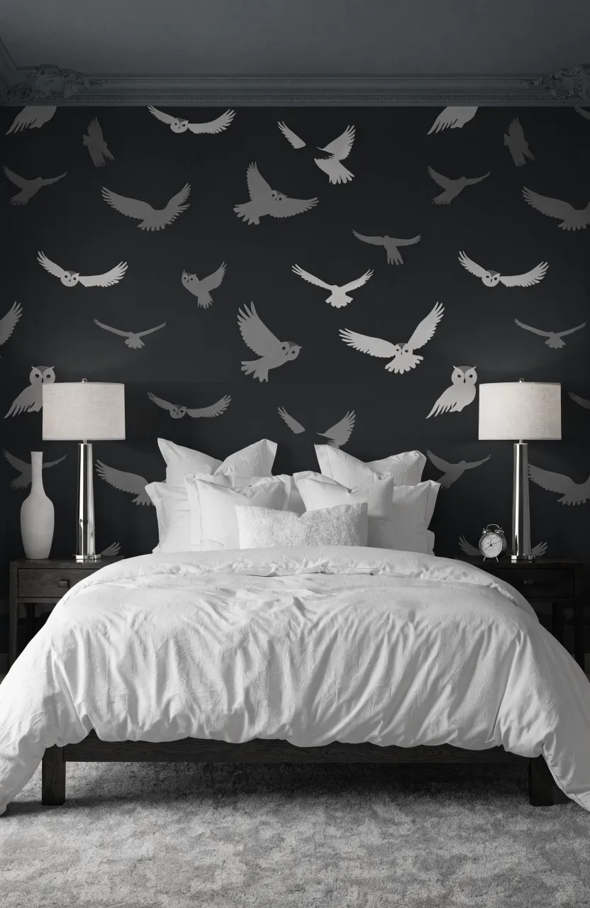 A bedroom featuring dark charcoal wallpaper with white owl silhouettes and white bedding.
