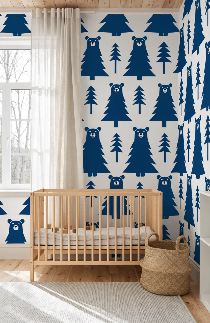 A clean nursery with navy and white bear and tree wallpaper and a pine wood crib.