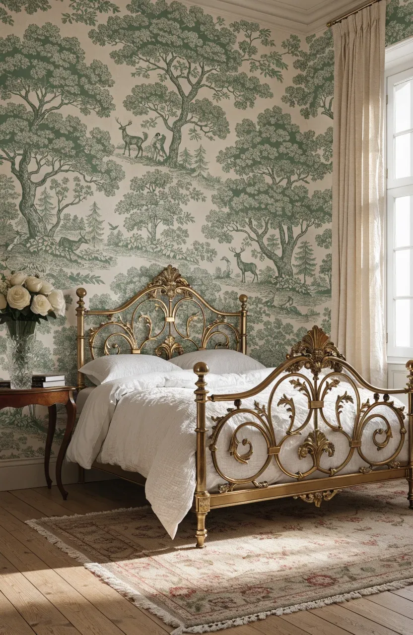 A traditional room with sage green forest toile wallpaper and an antique brass bed.