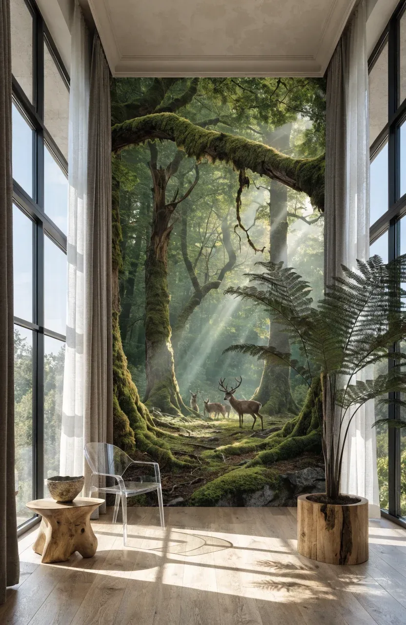 An immersive room with photorealistic wallpaper of a deer on a mossy forest floor.