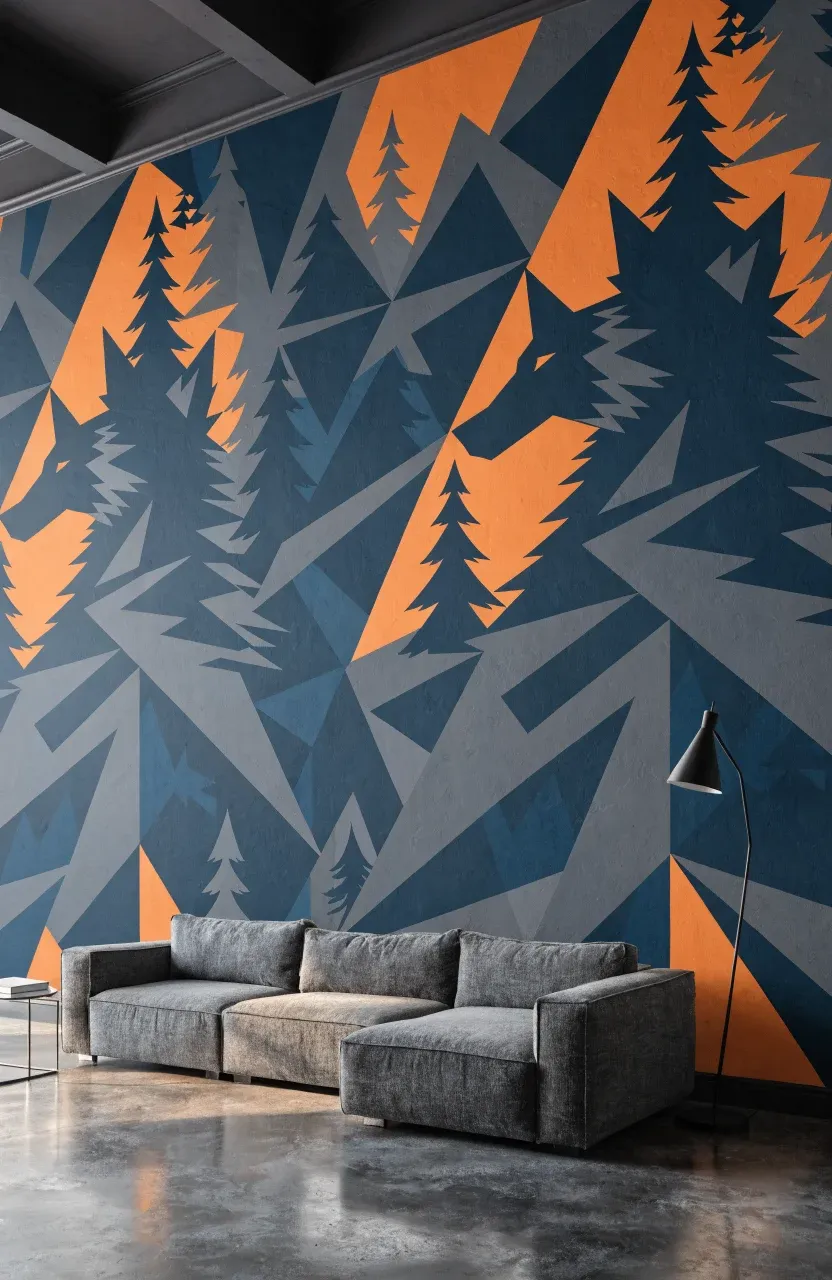 A modern living room with abstract geometric wolf and forest patterned wallpaper on a feature wall.