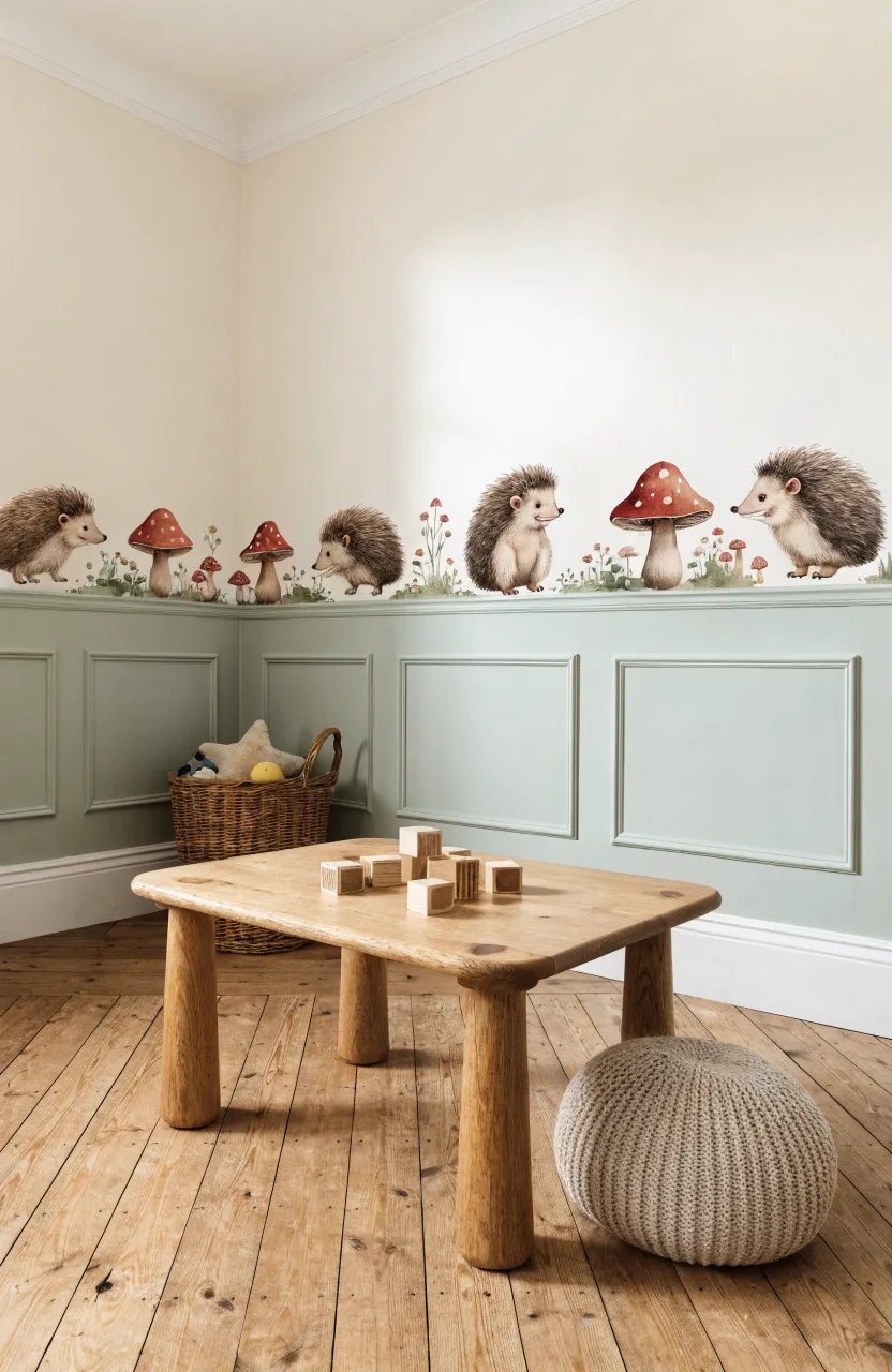 A playroom with a decorative wallpaper border featuring hedgehogs and mushrooms above wainscoting.