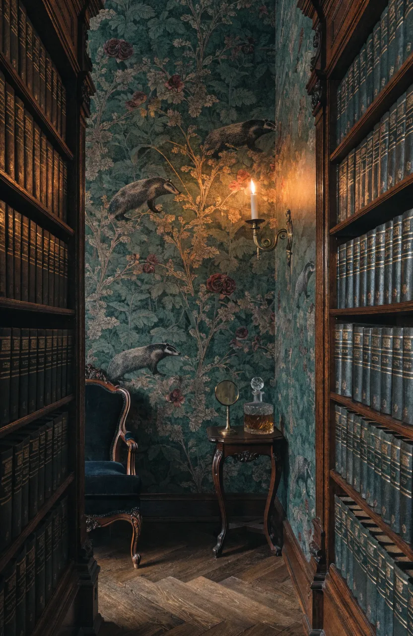 A dark Victorian library with intricate badger and floral wallpaper and mahogany bookshelves.