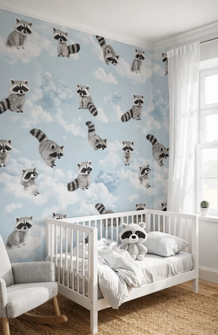 A calm nursery with soft blue wallpaper featuring floating raccoon illustrations behind a white crib.